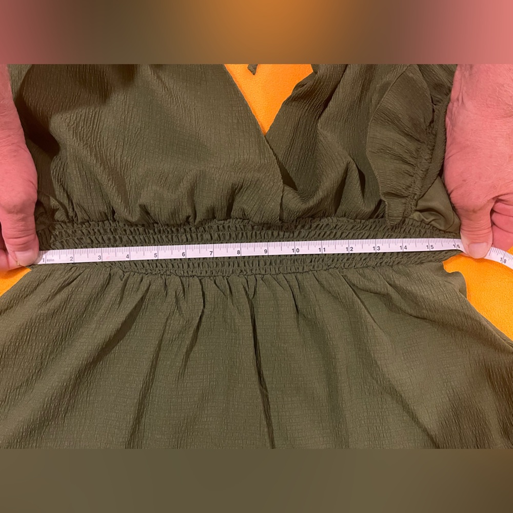 Plunging ruffle-trim mini dress with shorts built in. V-neck olive color. L, NWT - Picture 12 of 13